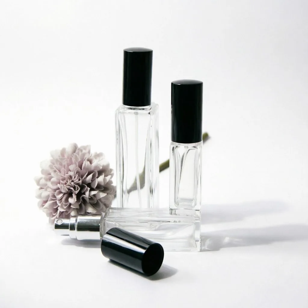 Mini Square Glass parfüm şişesi Collection with Black & Silver Caps