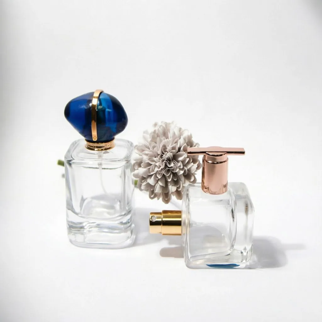 Square Clear Glass parfüm şişesi with Blue & Rose Gold Cap 50ml