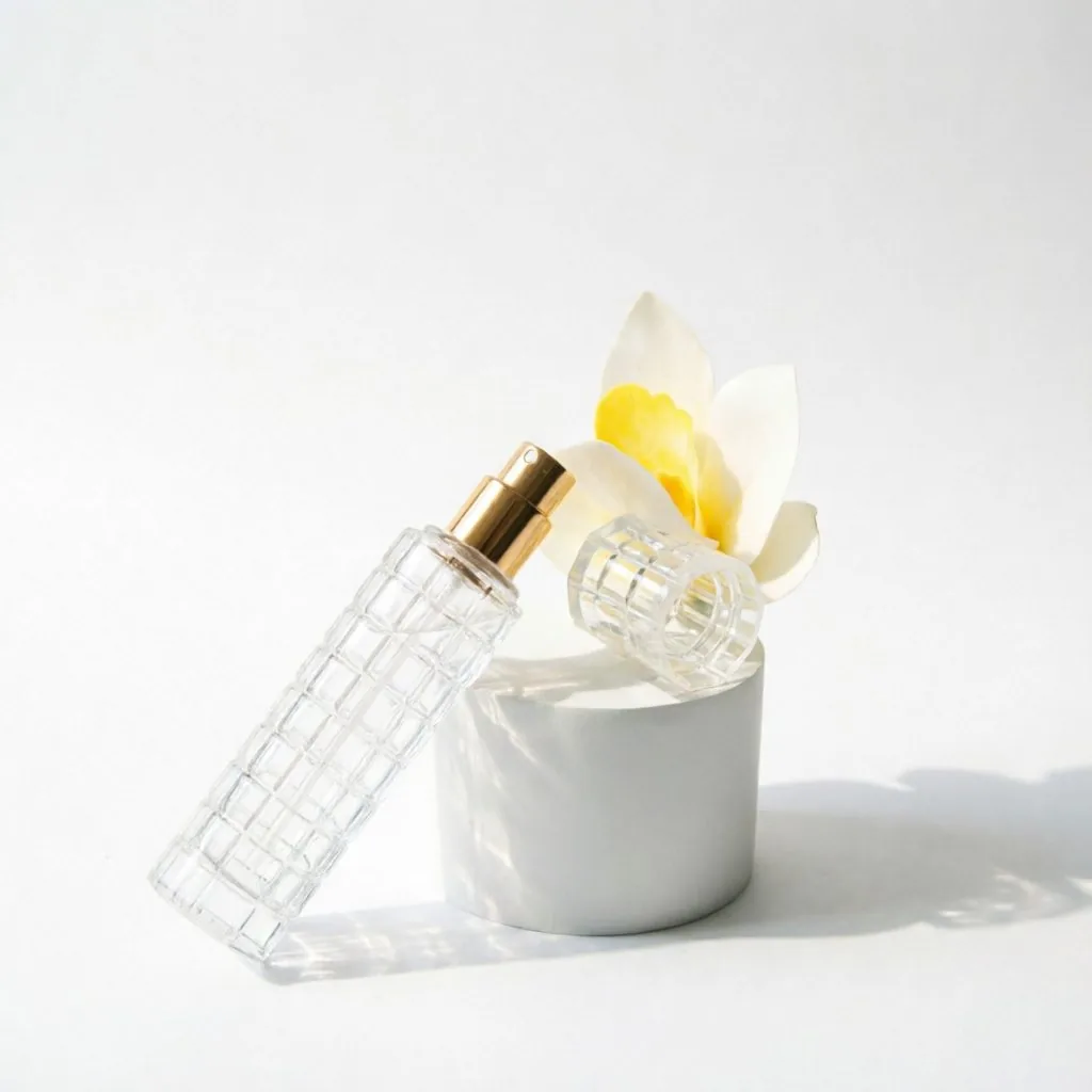 Vertical Ribbed Glass parfüm şişesi with Gold Cap 50ml