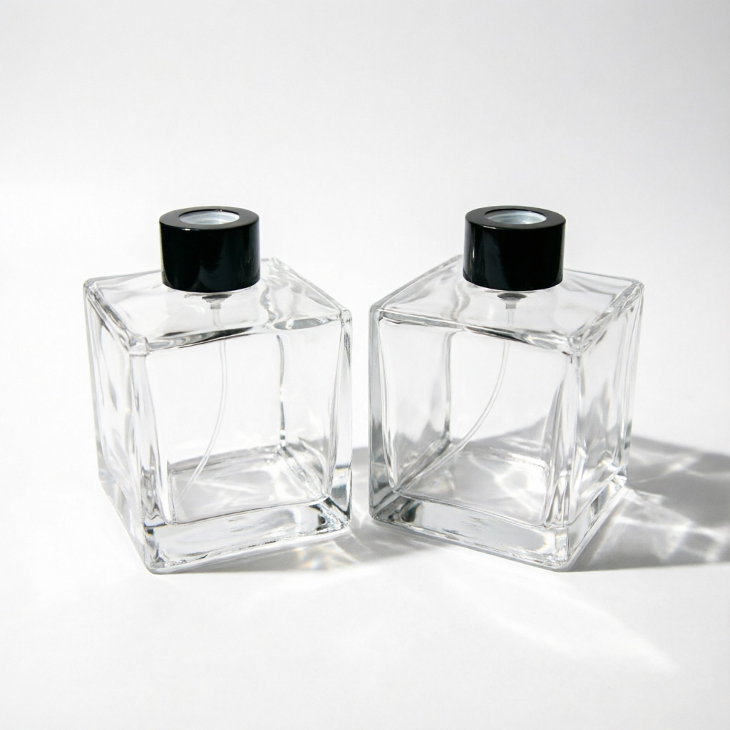 Square Clear Glass Reed Diffuser Bottle with Black Cap 200ml