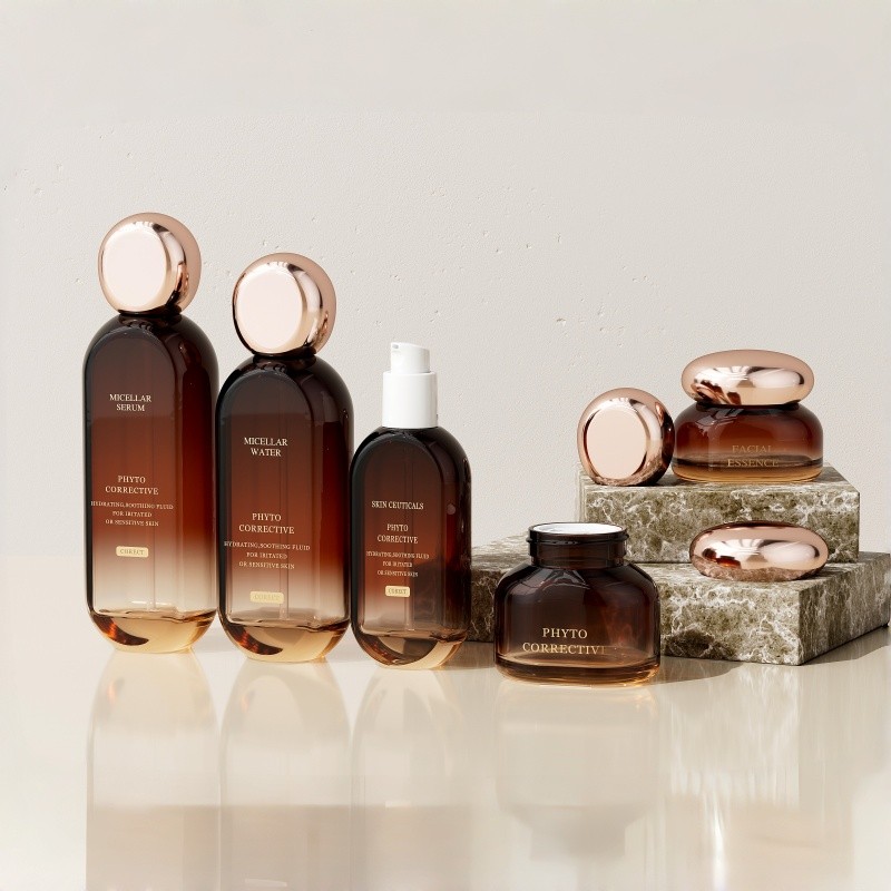 luxury gift set with 6 amber glass bottles Flat Square Glass Bottle Cosmetic Packaging