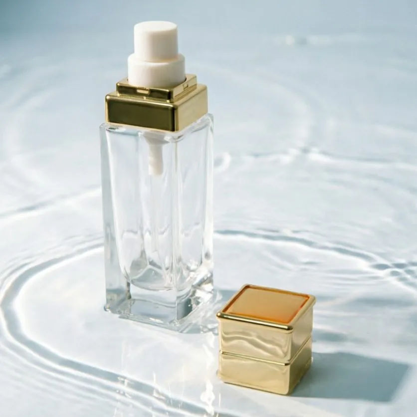 30ml Clear Square cam fondöten şişesi with Gold Layered Pump Cap
