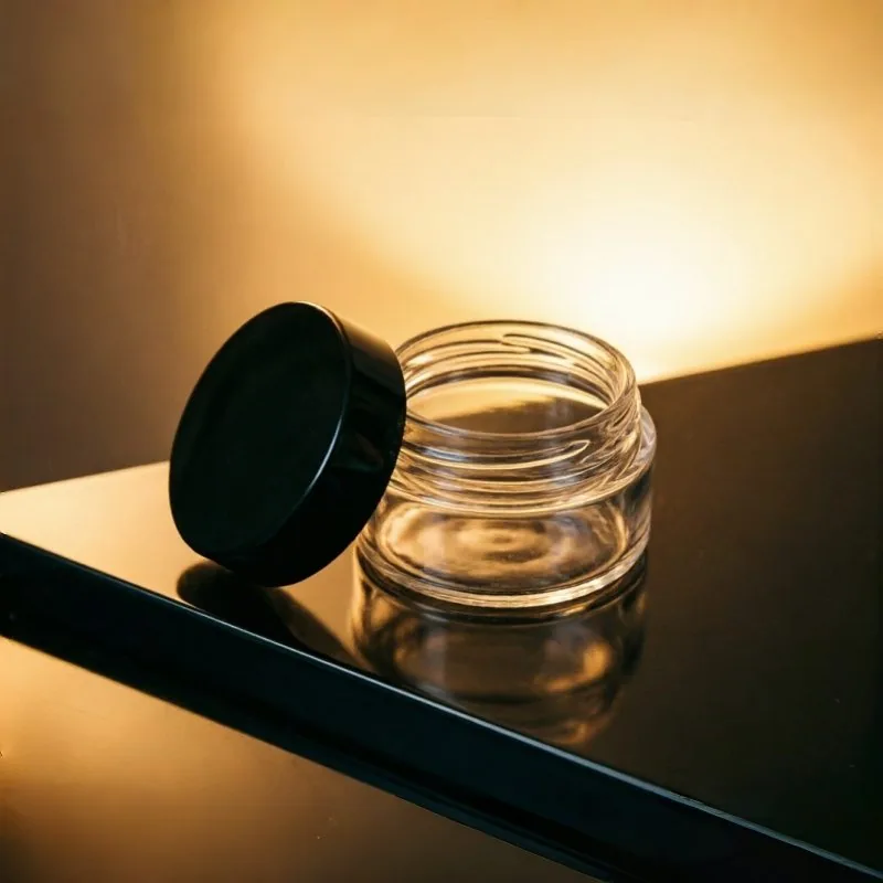 Low Profile Glass Cream Jar with Black Lid