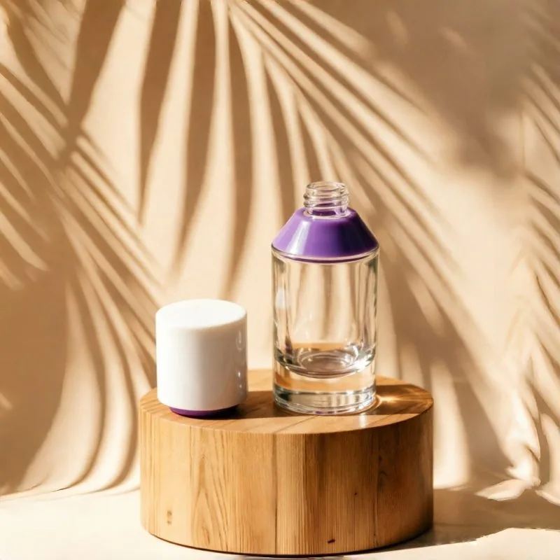 Purple Bottleneck Clear Glass Cosmetic Bottle with Artistic Cap 15ml 30ml