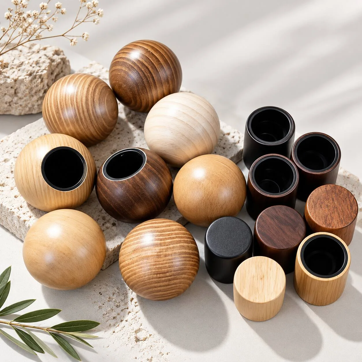 Cylindrical Bamboo & Wood-Style Cosmetic Bottle Closure