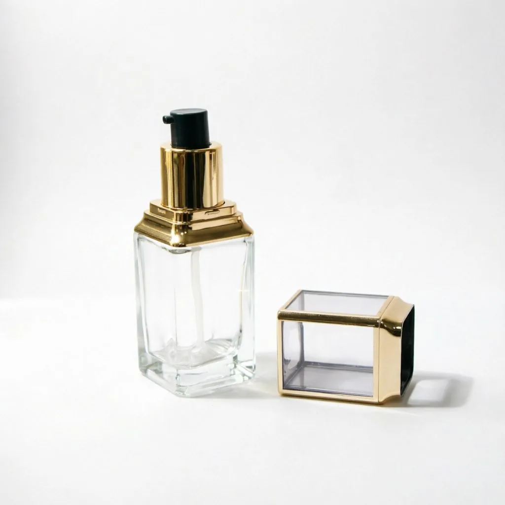 Tall Rectangular Glass Lotion Bottle with Gold Frame Cap