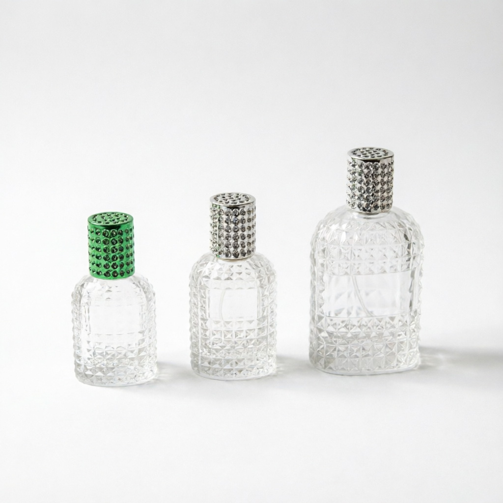 Embossed Glass Perfume Bottle with Diamond Cap 30ml 50ml 100ml