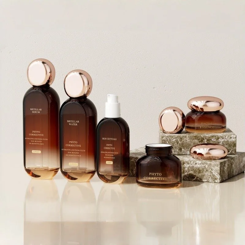 conjunto de presente de luxo com 6 garrafas de vidro âmbar embalagem cosmética de garrafa de vidro quadrada plana
