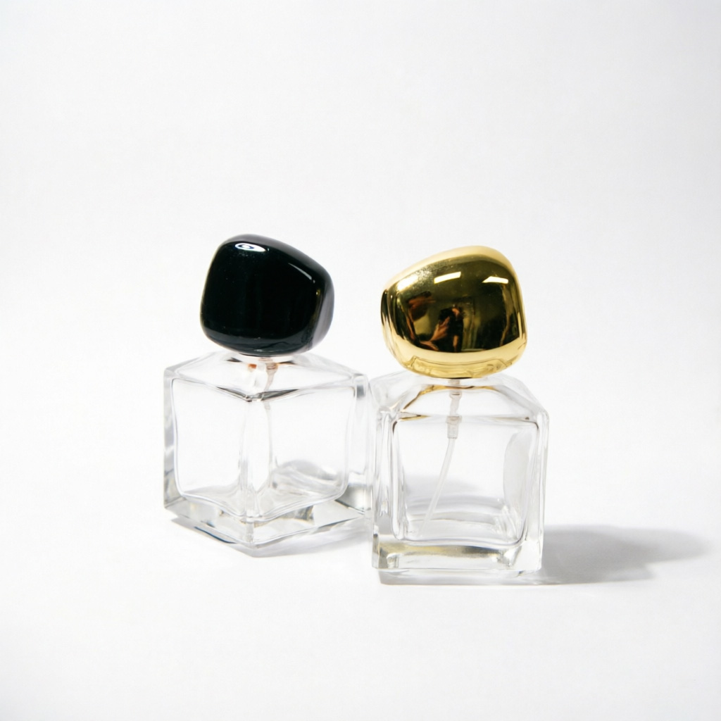 Square Glass Perfume Bottle with Black Gold Pebble Cap 50ml