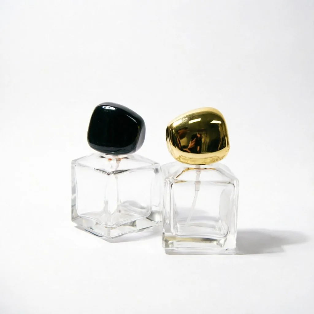 Square Glass Parfümflasche mit Black Gold Pebble Cap 50ml