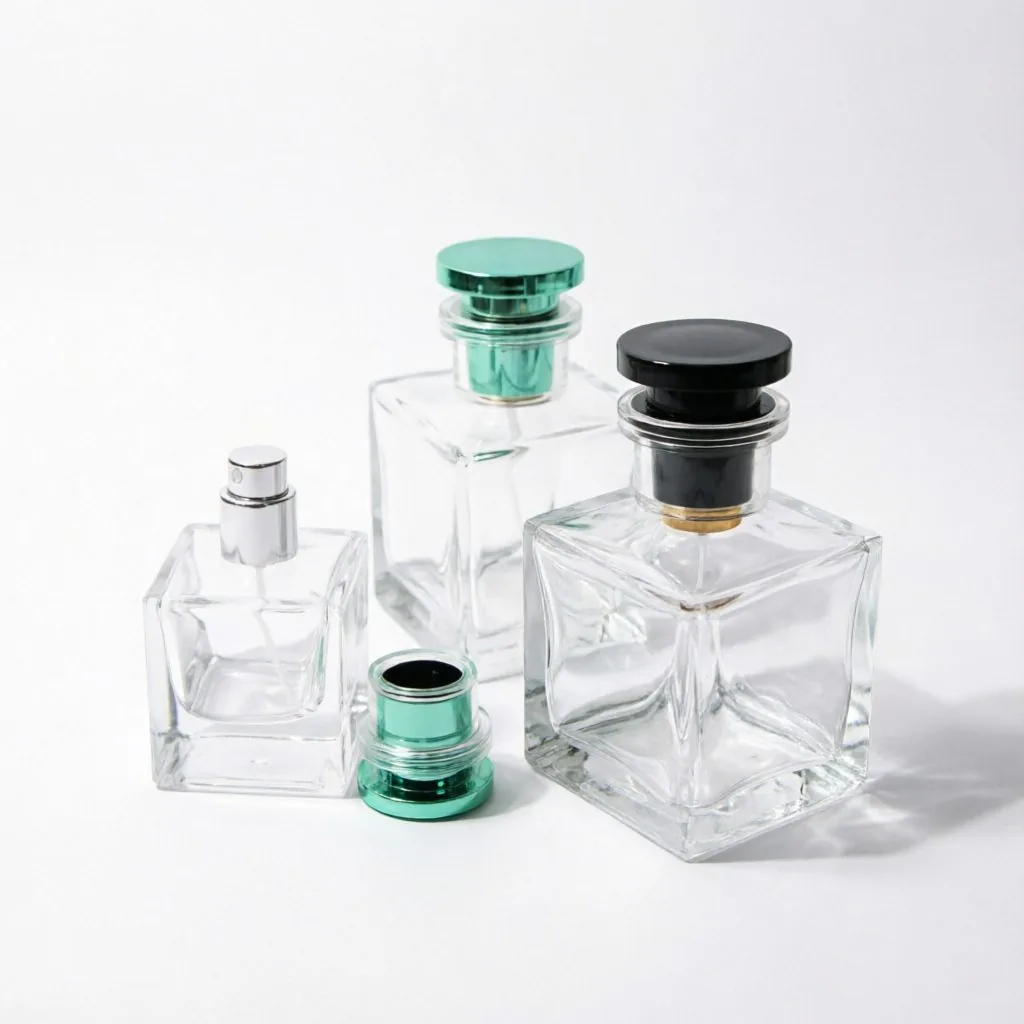 Inset Square Glass parfüm şişesi with Green Metal Cap 100ml