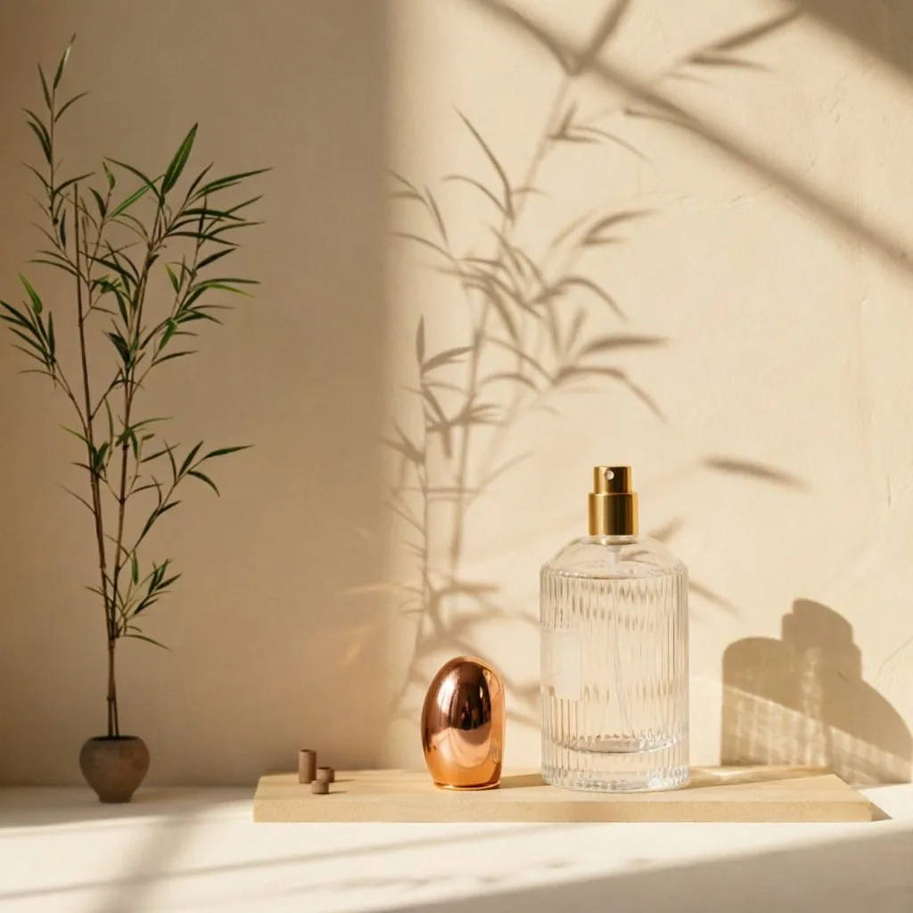 Ribbed Round Glass parfüm şişesi with Gold Spray Pump 100ml