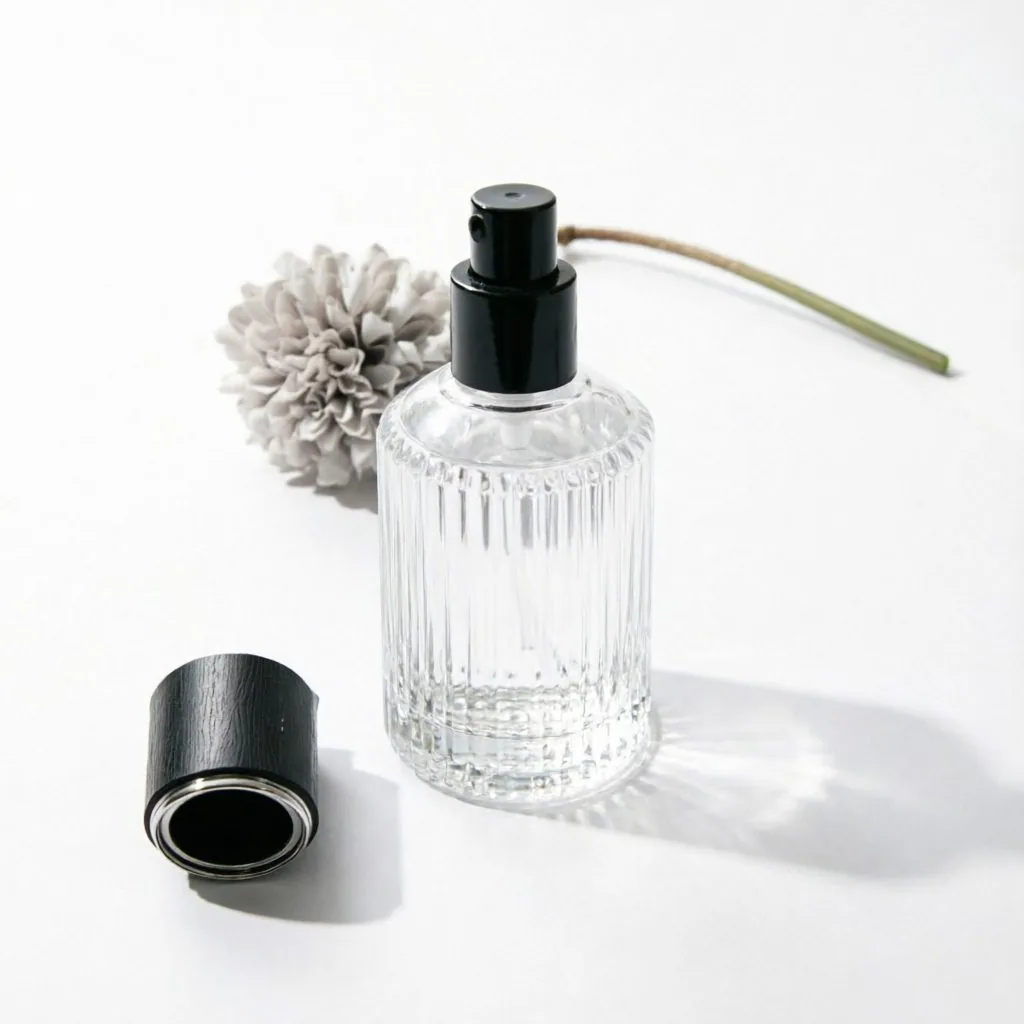 Ribbed Round Glass Parfümflasche mit Black Spray Pump 50ml