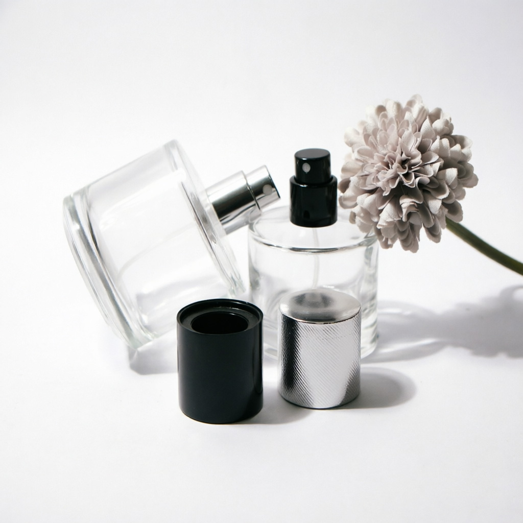 Round Glass Perfume Bottle with Silver or Black Metal Cap 50ml