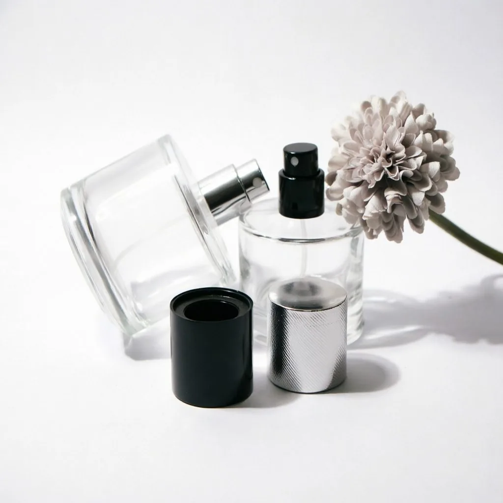 Round Glass Parfümflasche mit Silver or Black Metallkappe 50ml