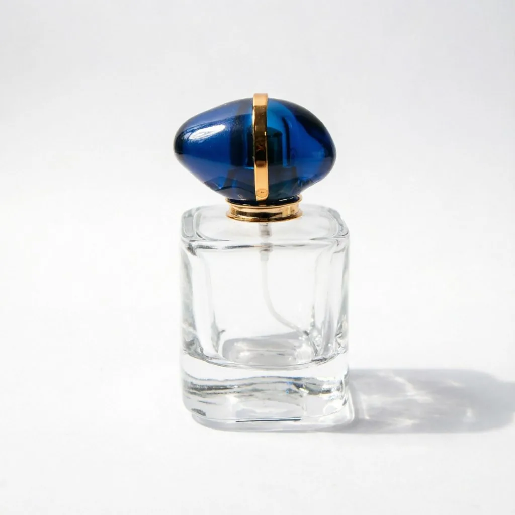Square Clear Glass parfüm şişesi with Blue & Rose Gold Cap 50ml