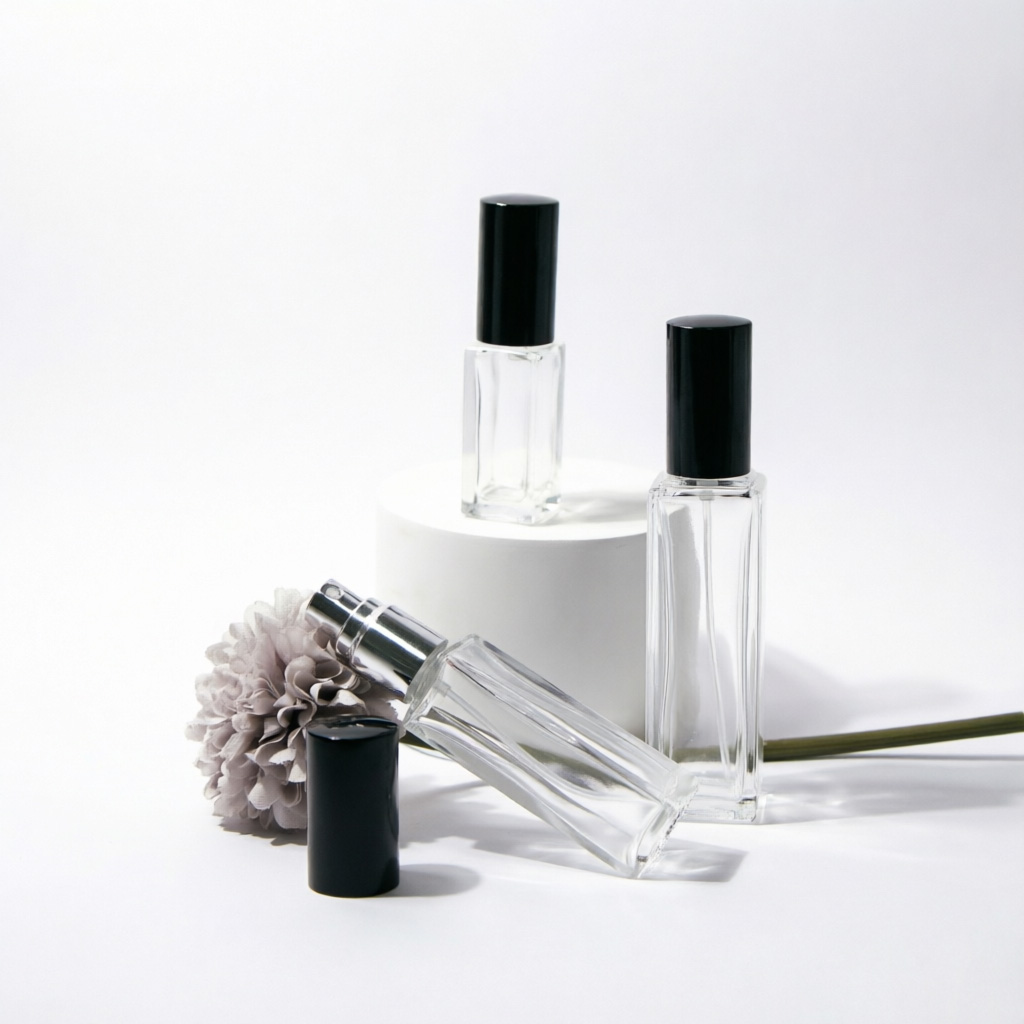 Mini Square Glass Perfume Bottle Collection with Black & Silver Caps