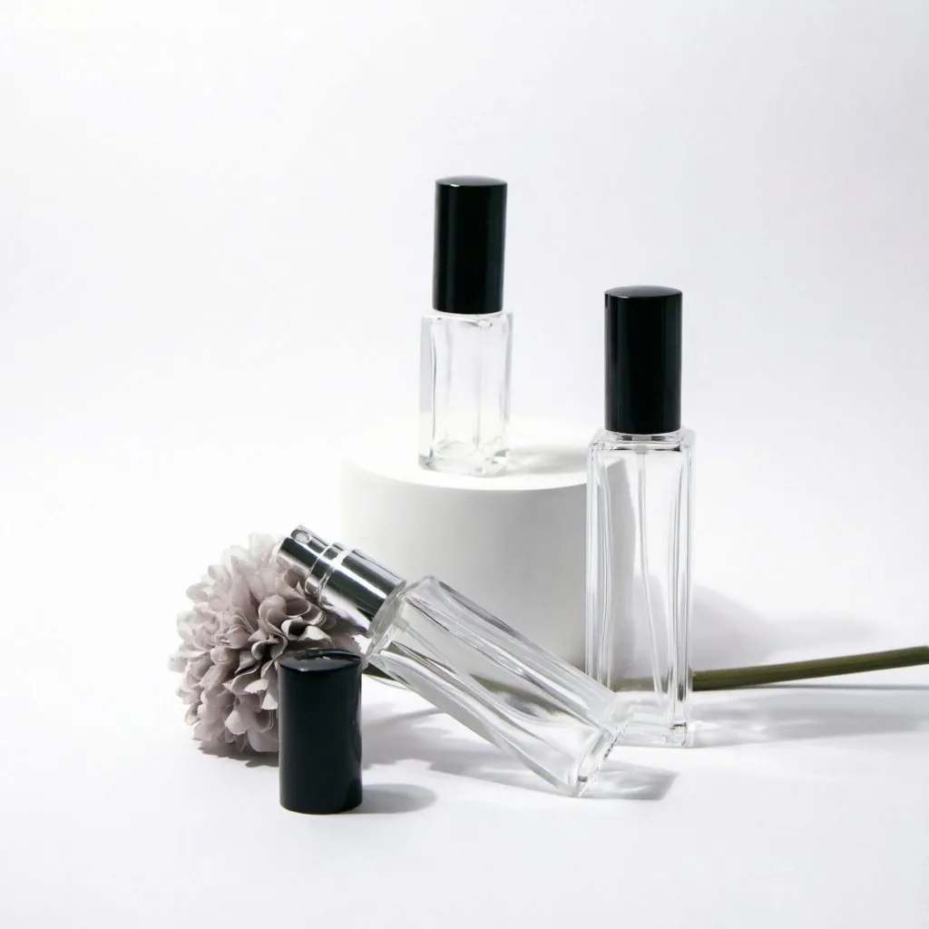 Mini Square Glass parfüm şişesi Collection with Black & Silver Caps