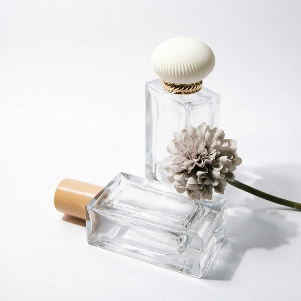 Square Glass زجاجة عطر with Wooden Cap or Shell Cap 50ml