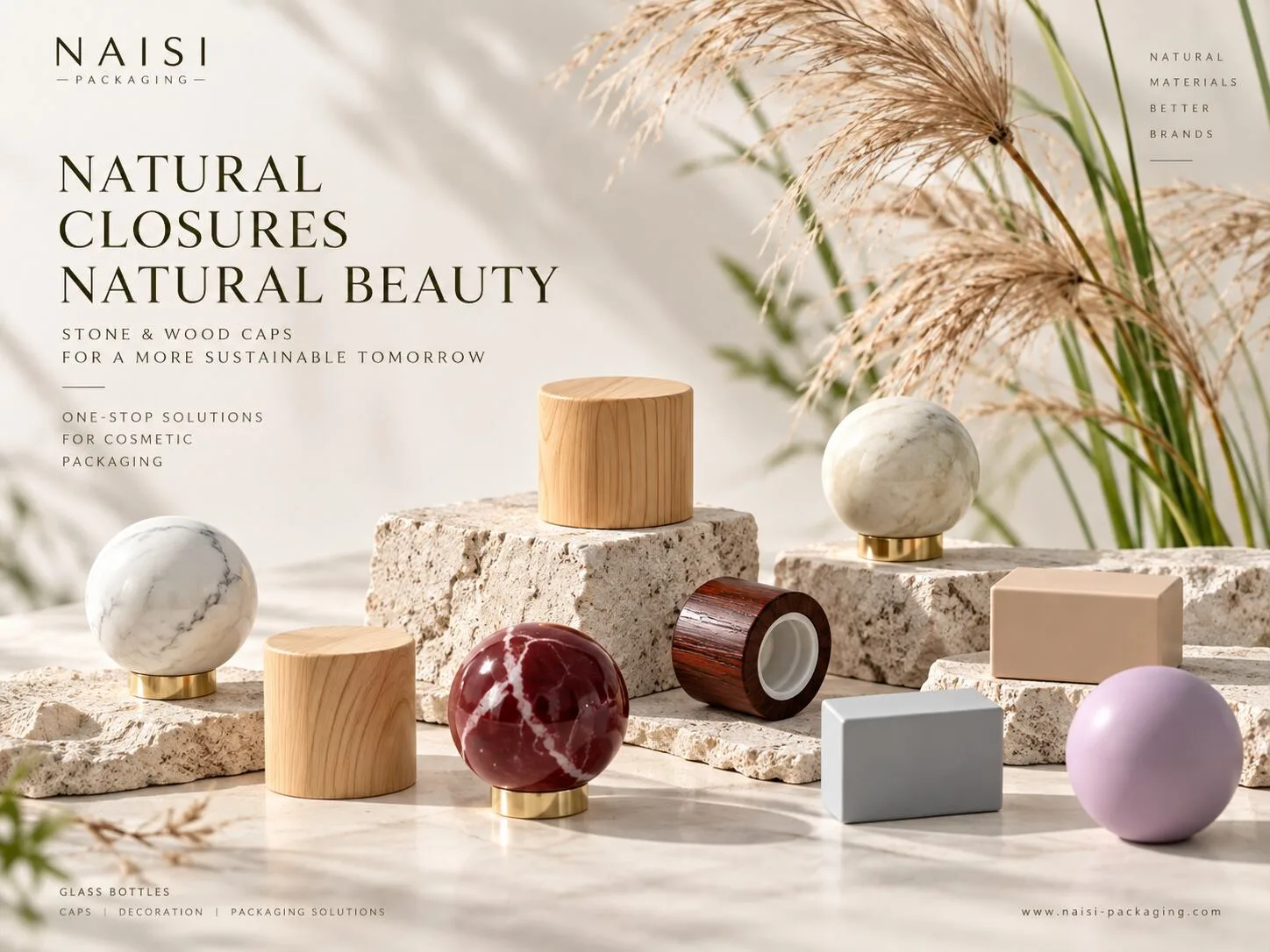 Natural Cosmetic Packaging Caps | Bamboo, Wood & Stone Closures